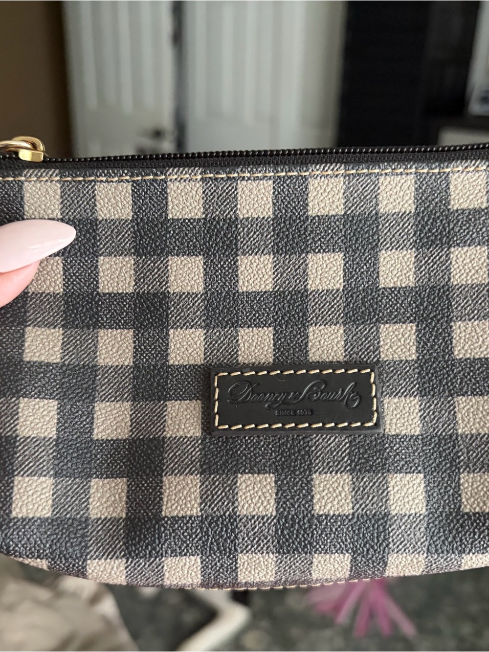 Dooney & Bourke Black and Cream Gingham Wristlet Clutch